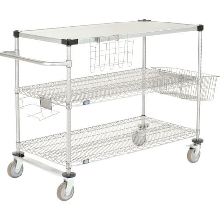 Global Equipment Nexel    Curbside Cart, Chrome, 60"L x 18"W x 40"H, 2 Wire, 1 Solid Shelf, Polyurethane Casters CS18602C